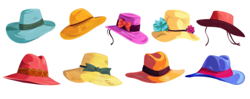 A vibrant collection of colorful summer hats in various styles, perfect for fashion enthusiasts looking to add a stylish touch to their wardrobe. png