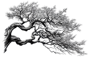 Artistic depiction of an intricately branched black and white tree with twisted branches, evoking a sense of mystery and elegance. png