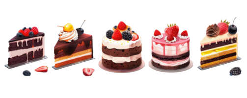 Assorted delicious cakes with various layers, toppings, and decorations, featuring fruits and chocolates. Perfect for dessert lovers. png