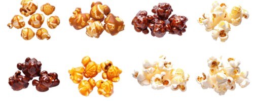 Assorted flavored popcorn varieties isolated on transparent background. Sweet and savory snack options for movie nights or parties. png