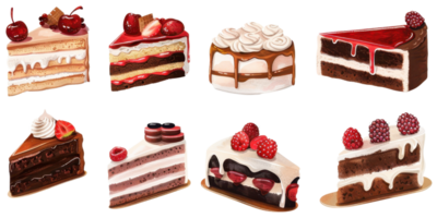 Assortment of delicious cakes with various flavors and decorations, perfect for dessert menus and culinary websites. png