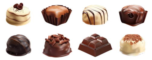 Assorted gourmet chocolates in various shapes and flavors, perfect for desserts, gifts, and special occasions. Delicious and visually appealing. png