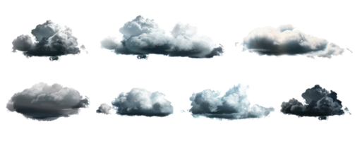 Collection of seven realistic digital cloud illustrations showcasing various shapes and lighting effects for weather or background designs. png
