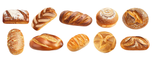 Assorted loaves of freshly baked bread, showcasing various shapes and textures, perfect for bakery, culinary, or food-related projects. png