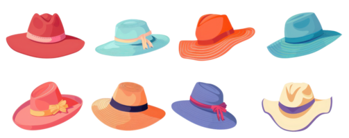 Collection of stylish hats in various colors and designs, perfect for summer fashion and adding a unique touch to any outfit. png