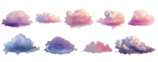 Collection of colorful clouds isolated on a transparent background, perfect for digital art, backgrounds, and nature themes. png