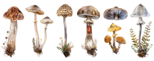 Collection of various mushrooms including different shapes, sizes, and colors, isolated on transparent background. png