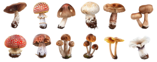 Collection of various mushrooms isolated on transparent background. Different shapes, colors, and types showcased in this stock photo image. png