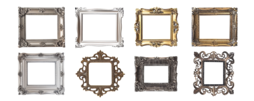 Collection of ornate vintage picture frames in various shapes and sizes, ideal for art and decoration projects. Isolated on transparent background. png