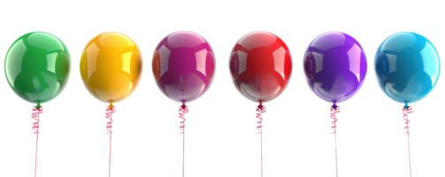 Colorful set of six floating balloons in a row with reflections on a transparent background. Perfect for celebrations and events. png