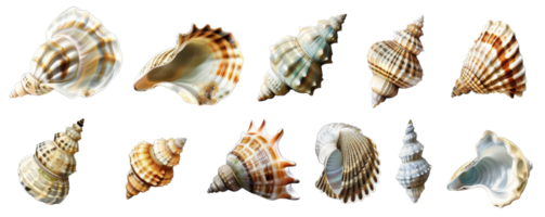 Collection of various seashells isolated on a transparent background. Perfect for beach, marine, and nature-themed designs and projects. png