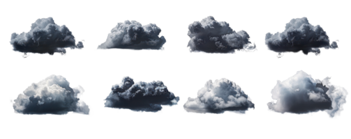 Collection of eight dark and moody clouds isolated on a transparent background, ideal for weather forecasting or storm representation. png