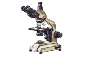 Detailed image of a traditional compound microscope used in scientific research and education, isolated on a transparent background. png