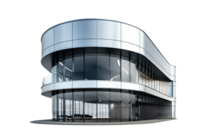 Modern glass building with sleek architectural design featuring curved lines and a minimalist aesthetic. Perfect for urban and corporate themes. png