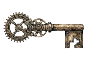 Retro mechanical key with intricate gear design in steampunk style. Perfect for vintage, fantasy, or industrial-themed projects. png