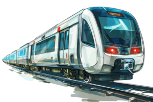 Modern high-speed train on tracks captured in a dynamic perspective, showing sleek design and advanced features for travel and transportation. png