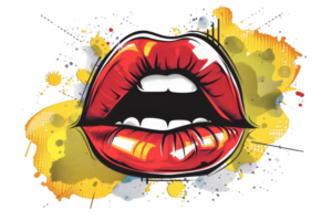 Pop art style illustration of vibrant red lips with a colorful splatter background, perfect for modern and dynamic design projects. png