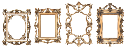 Set of four vintage ornate gold picture frames with intricate designs, isolated on transparent background. Perfect for elegant art display projects. png