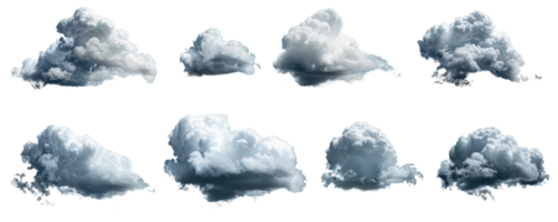 Set of eight different realistic, fluffy clouds on a transparent background. Perfect for digital art, design, and nature-themed projects. png