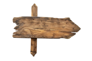 Rustic wooden arrow sign with weathered texture, isolated on a transparent background. ideal for navigation and directional concepts. png