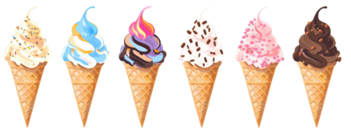 Six colorful ice cream cones in various flavors with sprinkles, swirls, and toppings against a transparent background. png
