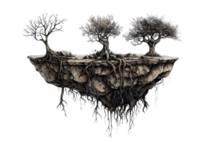 Surreal floating island with trees and exposed roots, creating a fantasy landscape. Perfect for imaginative and nature-themed projects. png