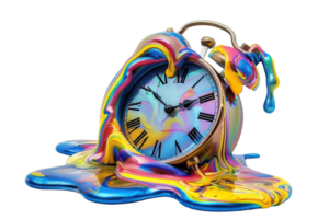 Surreal melting clock with vibrant colors symbolizing the fluidity of time. Abstract art, concept of time, and creative artwork. png
