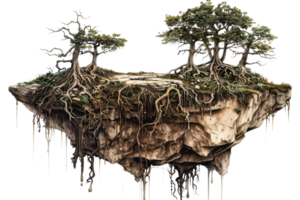 Surreal floating island with two large trees and exposed roots, creating a mystical and otherworldly landscape. png