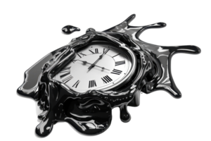 Surreal melting clock blending classic timepiece elements with abstract fluid shapes, representing the fluidity of time and artistic imagination. png