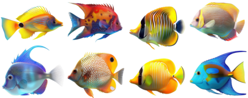 Vibrant collection of exotic tropical fish with colorful patterns, ideal for aquatic-themed projects and marine life illustrations. png