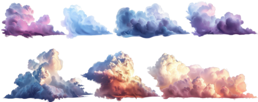 Vibrant and dreamy collection of cloud formations, showcasing beautiful patterns and colors in the sky with a serene atmosphere. png