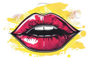 Vibrant pop art of red lips on a colorful background, highlighting bold expressive style and modern artistic flair. png