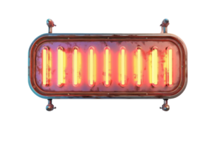 Vintage neon sign in red and orange glow. Illuminated retro light bulb display for advertising, creating a nostalgic ambiance. png