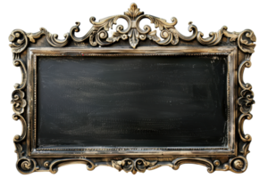 Vintage ornate empty chalkboard frame with intricate carvings in antique style, isolated on transparent background. Ideal for text insert or decoration. png