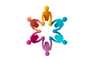 Colorful illustration of five people holding hands in a circle, symbolizing unity and teamwork in a vibrant, abstract design. png