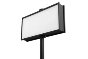 Blank modern billboard sign with black frame on a pole isolated on transparent background. ready for advertisement or custom message. png