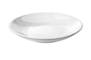 A simple, empty white ceramic plate with a glossy finish, isolated on a transparent background. Ideal for food presentation and kitchen-themed designs. png