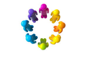 Colorful abstract figures standing in a circle. Unity and teamwork concept, vibrant colors, isolated on transparent background. png