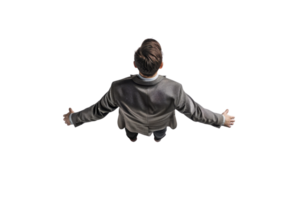 Overhead view of a person with open arms in casual attire on a black background, symbolizing freedom and welcome. png