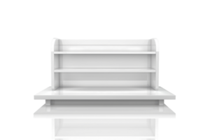 Clean and empty white display shelf with multiple levels, ideal for showcasing products in stores or organizing items at home. png
