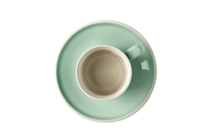Top view of a green empty cup on a matching saucer isolated on transparent background. Minimalistic tableware design. png