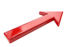 Glossy red 3D arrow pointing upward to the right, suitable for graphics, presentations, and web design. png