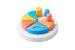Colorful 3D pie chart with various data segments and analysis metrics, perfect for business presentations and data visualization. png