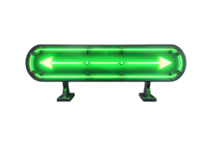 Green illuminated arrow sign indicating direction on a black background. Bright light sign for navigation or directional guidance. png