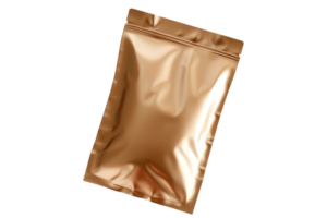 Shiny gold foil pouch packaging for food, cosmetics, or products. Isolated on transparent background. High-quality stock photo. png
