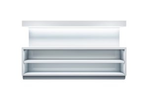 Empty modern retail display shelf unit with multiple shelves and bright white lighting, suitable for showcasing products. png