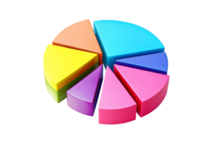 Colorful 3D pie chart with multiple segments representing data visualization and business analytics on a transparent background. png