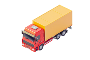 Isometric view of a red semi-truck with a yellow cargo container, isolated on a transparent background. suitable for logistics and transportation themes. png