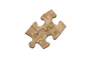 Wooden puzzle piece isolated on a transparent background. perfect for representing concepts of connection, solution, and teamwork. png