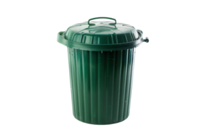 Green plastic trash can with lid, isolated on transparent background. Suitable for waste management and recycling concepts. png